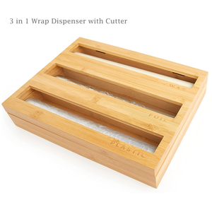 Wholesale 3 in 1 Reusable Bamboo Aluminum Foil And Plastic Cling Wrap Dispenser with Cutter Wax Paper Roll Organizer for Drawer