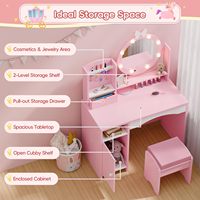 Ensemble Coiffeuse Moderne en Bois pour Enfants avec Lumières LED, Étagères de Rangement et Chaise de Maquillage Princesse pour Filles - Vente en Gros pour Salon