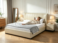 Cadre de lit confortable en cuir véritable, style minimaliste moderne, luxe, taille King & Queen, meubles de chambre à coucher en bois