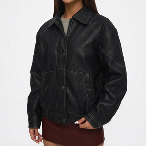 Blouson bomber en cuir PU noir pour femme, manches longues, fermeture éclair, col rabattu, longueur courte, style automne - Product Image 1
