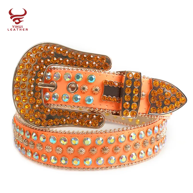 El más nuevo diseñador PU cuero Bling hebilla grande cinturones de diamantes de imitación diseñador brillante cristal naranja color diamante cinturones para niños