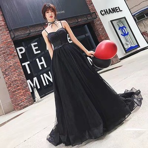Black Halter Backless Ball Gown Evening Dress Satin Floor Length With Trail Natural Waistline For Banquets Performances - Product Image 4