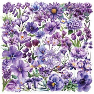 50 Uds. De Pegatinas transparentes de flores moradas para álbum de recortes, paquete de pegatinas florales de acuarela estética, pegatinas para álbum de recortes - Product Image 1
