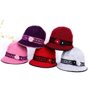 Women's Knitted Bowl <b>Hat</b> With Floral Decor Winter <b>Warm</b> Casual <b>Hat</b> For Elderly Women - Product Image 2