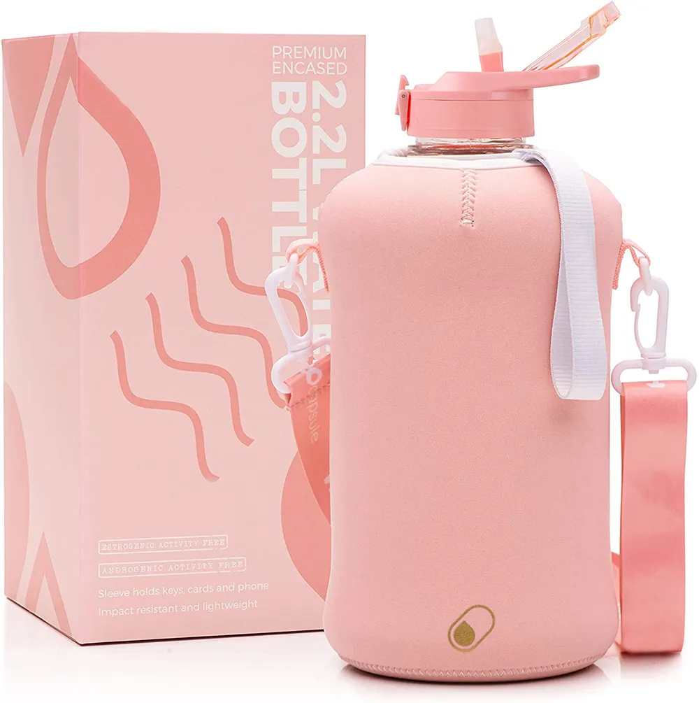 Capsule 2.2L Half Gallon Water Bottle with Storage Sleeve and Covered Straw Lid Large Reusable Drink Container with Handle