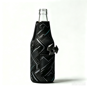 Refroidisseur de canettes isotherme en néoprène avec logo personnalisé, 330 ml/10-12 oz, fermeture éclair, décapsuleur, motif géométrique noir et rouge, portable - Product Image 2