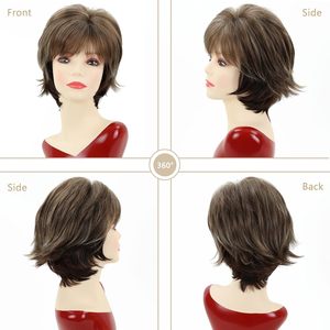 Perruque <span class=keywords><strong>courte</strong></span> brune TISHINING pour femmes blanches, coupe pixie avec frange, mèches blondes, aspect naturel et lisse - Product Image 2