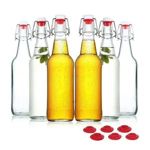 マーカーラベル付き16オンスクラシックスイングトップガラスボトルジュース水昆布茶ワインビール醸造用キャップ付きクリアボトル
