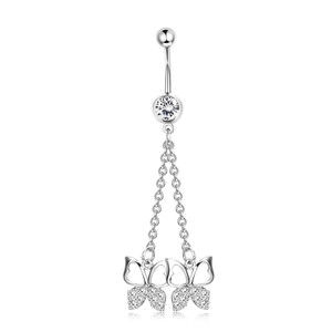 Bague de nombril CRYSPURE en acier inoxydable plaqué or 14g avec pendentif papillon et fleur, bijoux de piercing pour femme avec zircon, vente en gros OEM - Product Image 6