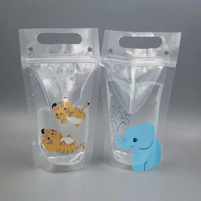 Sacchetti per bevande con succo trasparente con cerniera in plastica personalizzata Stand Up Party con cannucce