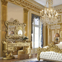 Ensemble de chambre à coucher royal de luxe américain traditionnel avec lit royal en bois massif sculpté, coiffeuse et tabouret
