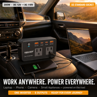 Convertidor de Energía para Vehículo de 200W, Puerto USB Tipo-C de Carga Rápida, 12V a 110V, Enchufe Estadounidense, Mini Inversor de Corriente para Auto, para Viajes al Aire Libre