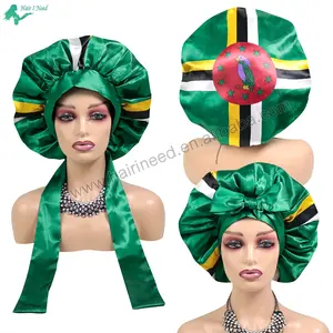 Custom Dominica flag logo Custom logo long large braid hair head sleeping stain bonnets and satin silk hair wraps with tie