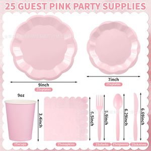 Juego de artículos de fiesta desechables de color sólido, 175 piezas para 25 personas, platos, vasos y servilletas de papel rosa, vajilla para fiesta - Product Image 5