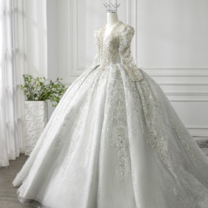 Ophelisa Abito da Sposa di Lusso Stile Principessa <span class=keywords><strong>Argento</strong></span> Scintillante Maniche Lunghe Scollo a V Ricamato in Pizzo con Fiori Cristalli e Applique - Product Image 4