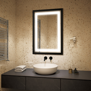 Miroir de courtoisie LED encadrée avec température de couleur réglable (3000K-6000K), cadre moderne en aluminium noir, montage mural, garantie de 3 ans - Product Image 1