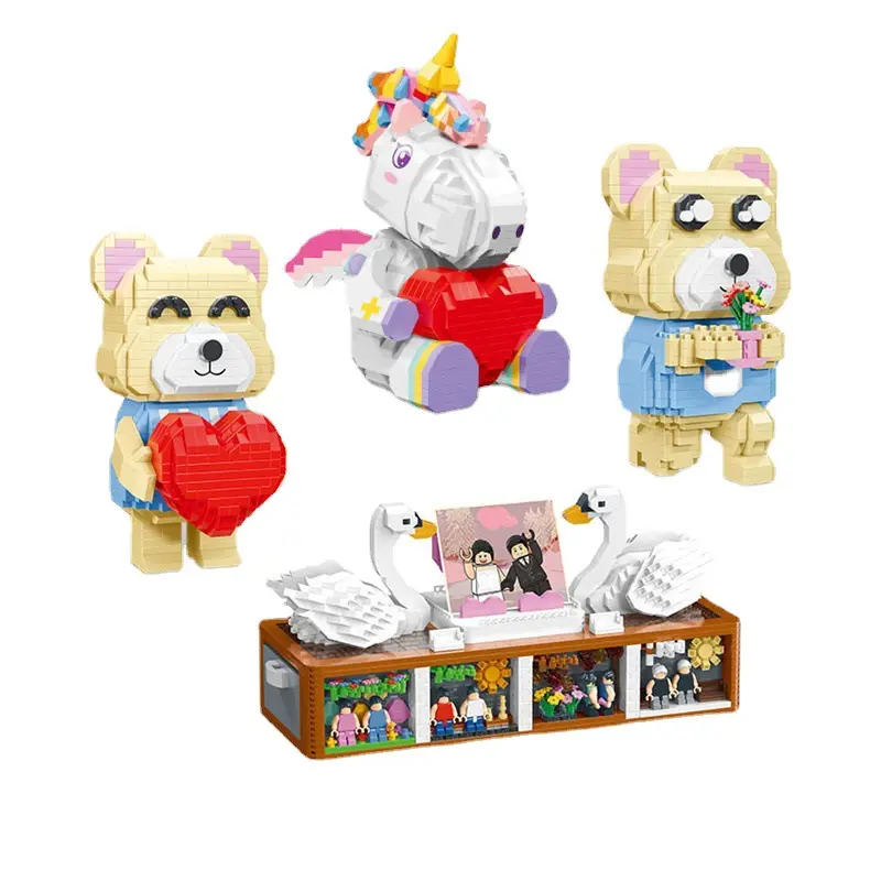 Valentines Day Gift 2023 Cartoon Animal Building Block Set Toy Photo Frame Bear DIY Assembly Toys Decorative Ornaments 3D Puzzle