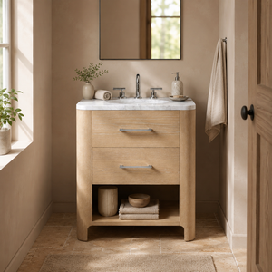 <span class=keywords><strong>Mobile</strong></span> <span class=keywords><strong>Bagno</strong></span> Compatto Sovereign con Top in Marmo Carrara e Struttura in Rovere, Lavabo a 2 Cassetti con Ripiano Aperto, Elemento d'Arredo Minimalista di Lusso - Product Image 1