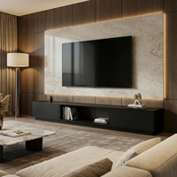 Meuble TV en bois noir à profil bas, console multimédia longue avec compartiment ouvert et armoires de rangement latérales, meuble TV pour salon