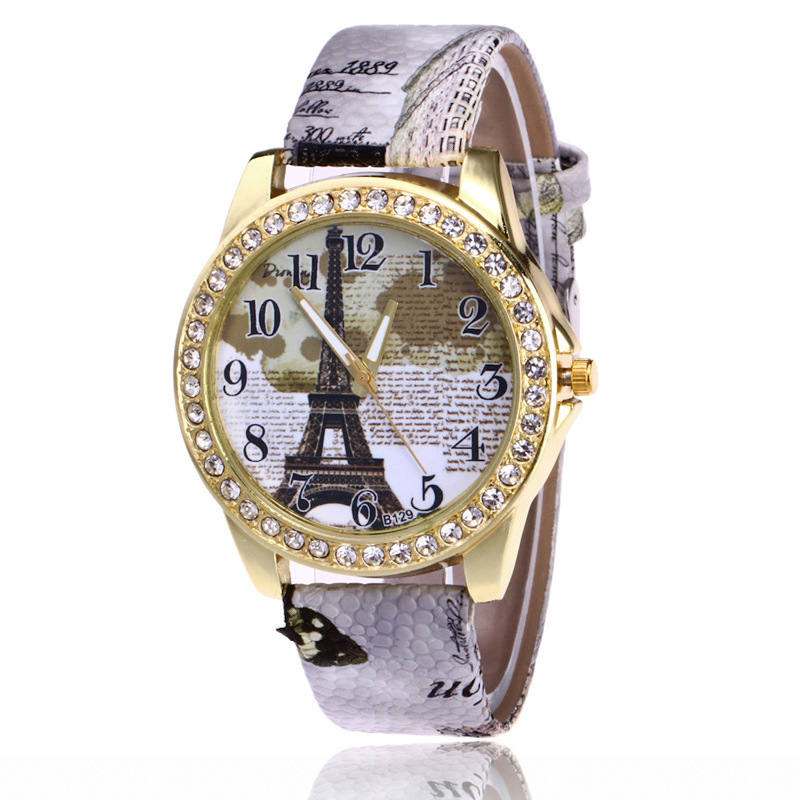 Elegant Gold and Gray Watch with Eiffel Tower Design Fashion Women PU Leather Band Eiffel Tower Dial Quartz Watch  main image 2