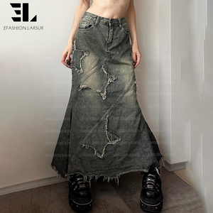 Jupes en jean décontractées vintage à effet délavé pour femmes, fabriquées sur mesure par LARSUR, taille haute, bord brut, longue <span class=keywords><strong>jupe</strong></span> en jean pour femmes - Product Image 5