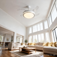 Ventilateur de plafond LED moderne en métal avec télécommande, 6 vitesses, 4 pales, 3 couleurs changeantes, CRI 97, silencieux 29 dB, moteur AC, intensité variable, pour chambre et salon