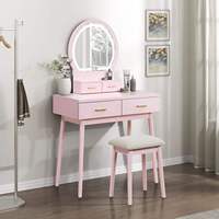 Table de toilette moderne en MDF rose, durable et tendance, avec miroir éclairé sur pied et tabouret rembourré, pour chambre et salon, vente en gros