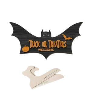 Halloween <b>Wooden</b> Bat <b>Sign</b> Trick Or Treaters Welcome <b>Home</b> Desktop Decoration Animal Shape Retro Color Solid Wood Prop - Product Image 3