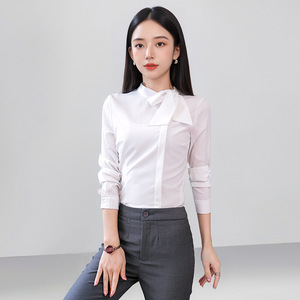 Bow <b>Tie</b> Long Sleeve Blouse Women Slim Fit Solid Color No Wrinkle Treatment Hotel Uniform Front Desk Cashier Shirt Blue White - Product Image 4