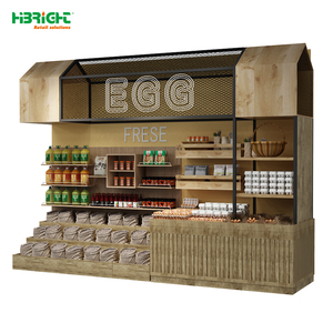 Exhibidor de Isla para Abarrotes de Madera Rústica y Metal de Alta Luminosidad con Toldo Estilo Casa para Supermercados y Tiendas Minoristas - Product Image 1