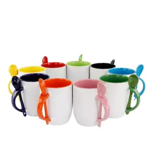 Grosir 11Oz Logo Kustom Sublimasi Kosong Polos Berwarna Keramik Cangkir Kopi Mug dengan Sendok