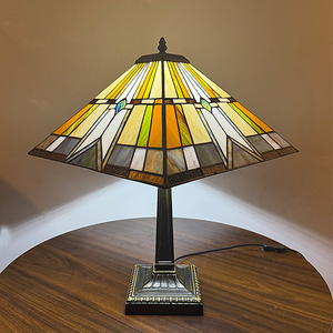 Mission Style Square Stained Glass <b>Table</b> <b>Lamp</b>, Geometric Handmade Desk <b>Lamp</b> with Zinc Alloy <b>Base</b> for Study & Office Decoration - Product Image 6