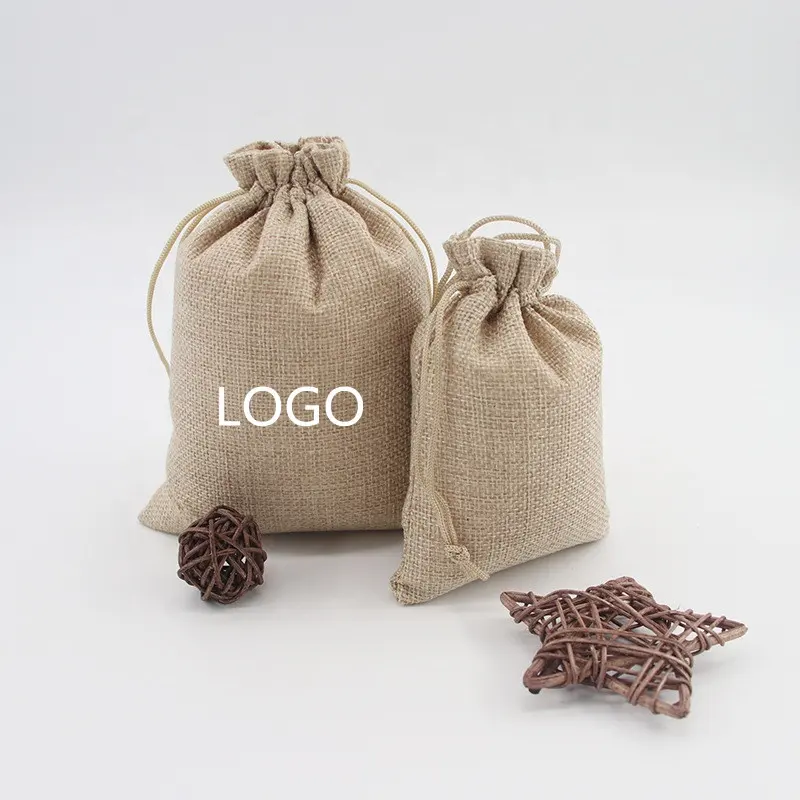Wholesale Small Eco-friendly Custom Logo Printed Cute Design Linen Jute Burlap Drawstring Pouch Dust Gift Bag