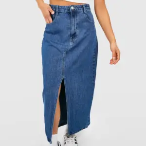 Rok maxi denim wanita, pakaian kasual perempuan biru mungil depan terpisah rok jeans panjang kustom untuk wanita