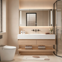 Meuble-lavabo flottant en bois massif, avec plan de travail en pierre frittée et miroir intelligent LED, meuble-lavabo pour hôtel OEM/ODM