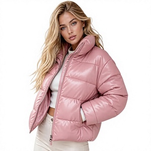 <b>Pink</b> Puffer <b>Jacket</b> Women Stand Collar Zipper Closure Winter Casual Coat Thick Polyester Wadding Short Length Windproof Design - Product Image 2