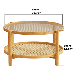 โต๊ะกาแฟหวาย 2 ชั้น ท็อปกระจกไม้ไผ่ โต๊ะกลมทันสมัยสำหรับห้องนั่งเล่น - Product Image 6