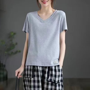 V Neck Short Sleeve T Shirt For Women Loose Fit Breathable Knitted Top Gray MMT Summer Style - Product Image 1