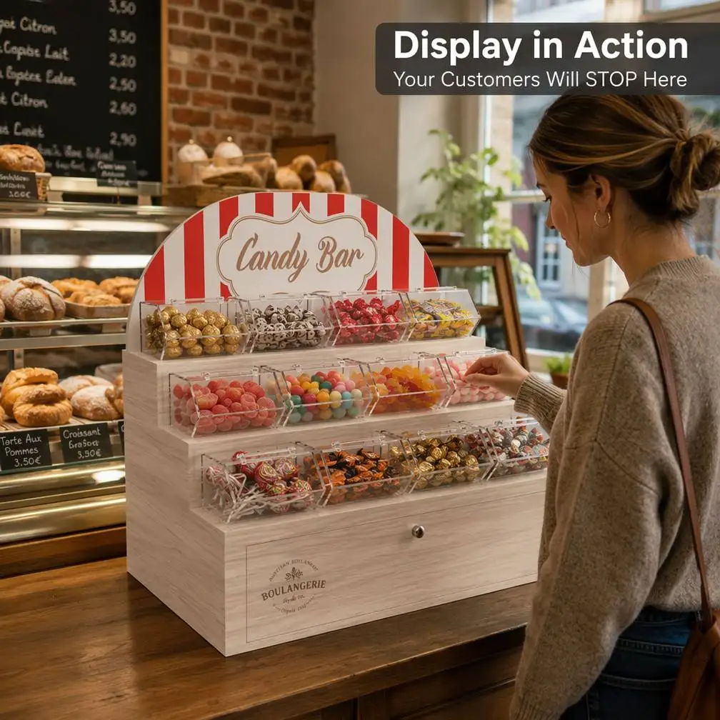 Wooden 3-Tier Candy Display Stand 12 Acrylic Hinged Bins Rustic Countertop Confectionery Organizer for Bakery Candy Shop — view 2