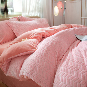 Comfortable <strong>Double</strong>-sided Velvet <strong>Fleece</strong> Plush Wheat Jacquard Four Pieces Bed <strong>Sheet</strong> and Duvet Cover Bedding Set for Winter Warm - Product Image 2