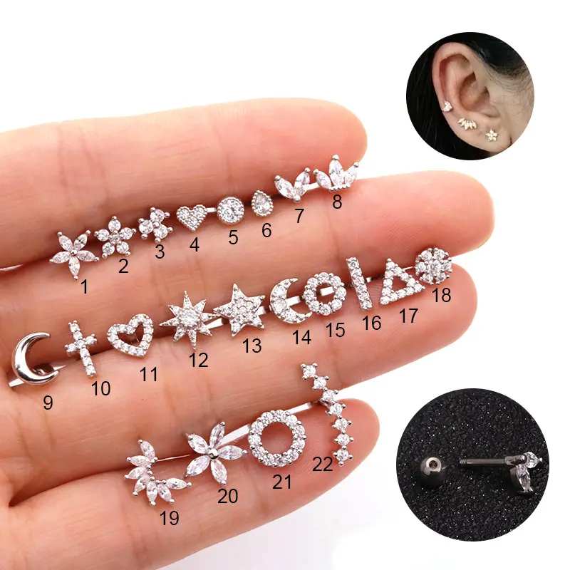 Trendy 2022 stainless steel post screw stud earrings Heart/Star/Moon/Cross/Flower/Triangle/Round gold earring women