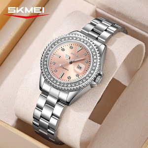 Skmei Women's Quartz Watch Steel Strap Pink Dial Diamond Bezel Calendar Waterproof Business Wristwatch - Product Image 1