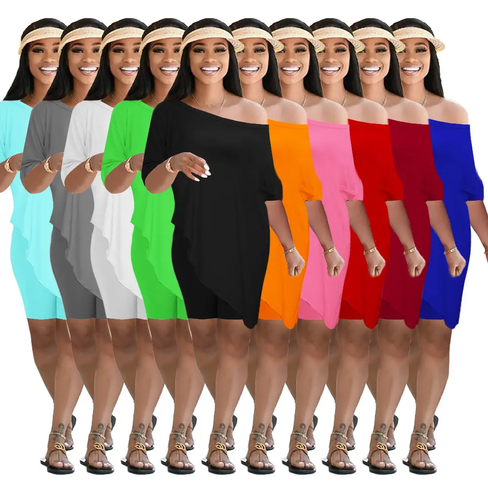 여름 2022 여성 의류 플러스 사이즈 느슨한 반바지 단색 경사 어깨 두 조각 짧은 세트 인기 제품