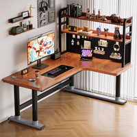 Bureau d'ordinateur d'angle en bois massif en forme de L avec étagère intégrée pour bureau à domicile, chambre de jeu ou bureau double