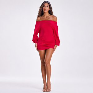 Abito da donna personalizzato, <span class=keywords><strong>abbigliamento</strong></span> su misura, rosso, con spalle scoperte, sexy, aderente, da festa, estivo, mini. - Product Image 1