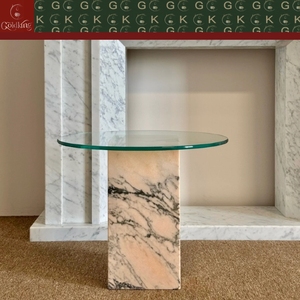 Mesa Auxiliar para Sala de Estar o Dormitorio GOLDKING, Base de Mármol Rosa Gris, Tapa Redonda de Vidrio, OEM ODM, Directo de Fábrica - Product Image 3