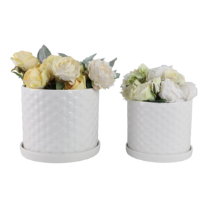 Vasi in ceramica con motivo a rilievo e sottovasi, design testurizzato per decorazioni da giardino interne ed esterne, elegante bianco - Product Image 2