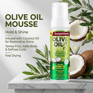 Ensemble de soins capillaires à l'huile d'olive et de noix de coco biologiques, mousse pour cheveux bouclés/frisés - tenue forte, contrôle des frisottis, ajoute de la brillance, hypoallergénique - Product Image 1