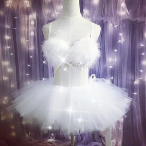 Ensemble de tutu et haut court à col halterneck pour la danse de scène, en plumes et duvet, avec éclairage LED, 100% polyester - Product Image 1