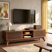 Mueble para TV de Madera de Nogal Estilo Moderno de Mediados de Siglo, Consola Multimedia con Puertas Corredizas, Estantes Abiertos, Patas Cónicas, Compatible con TV de 65 Pulgadas, OEM ODM